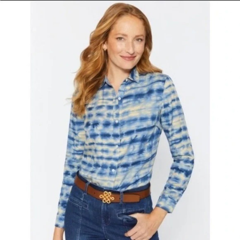 J.McLaughlin Lois Tencel Shirt‎ in Tie Dye in blue tones promotions luxe, Size S